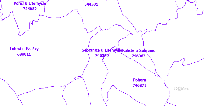 Katastrální mapa Sebranice u Litomyšle - přehledová mapa katastrálního území