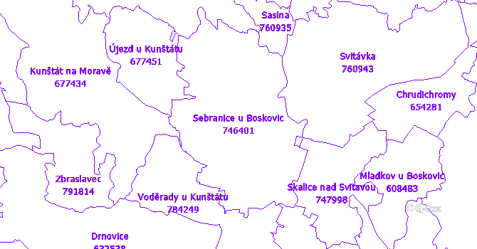 Katastrální mapa Sebranice u Boskovic - přehledová mapa katastrálního území