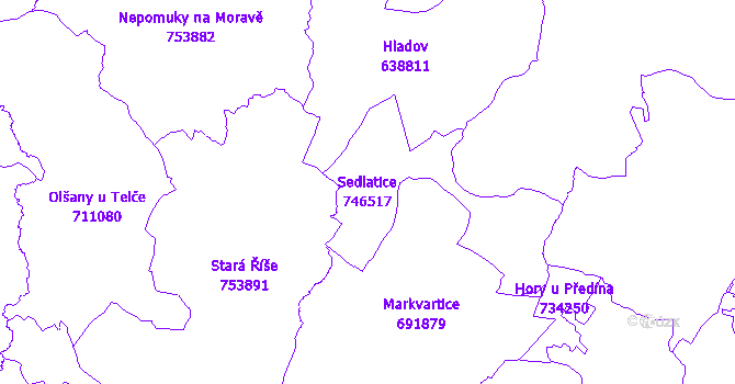 Katastrální mapa Sedlatice - přehledová mapa katastrálního území