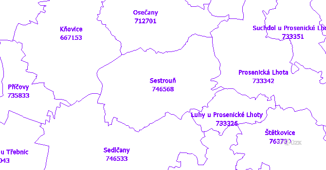 Katastrální mapa Sestrouň - přehledová mapa katastrálního území