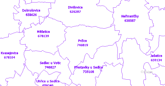 Katastrální mapa Prčice - přehledová mapa katastrálního území