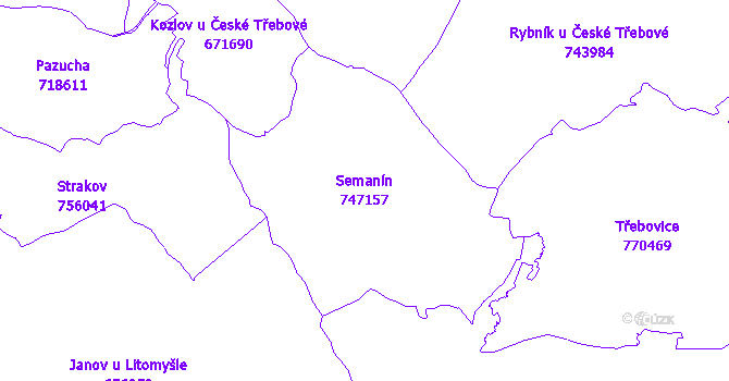 Katastrální mapa Semanín - přehledová mapa katastrálního území