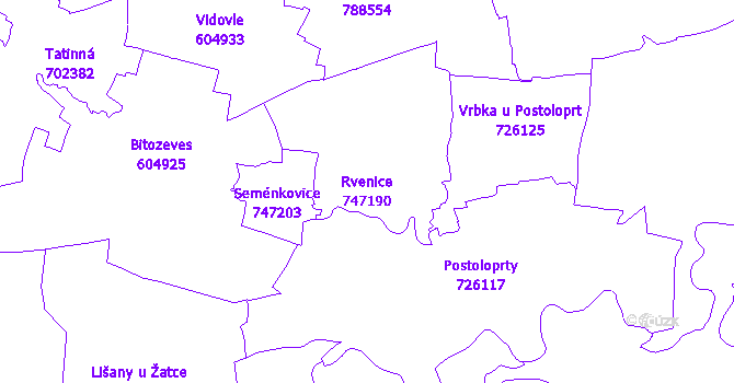 Katastrální mapa Rvenice - přehledová mapa katastrálního území