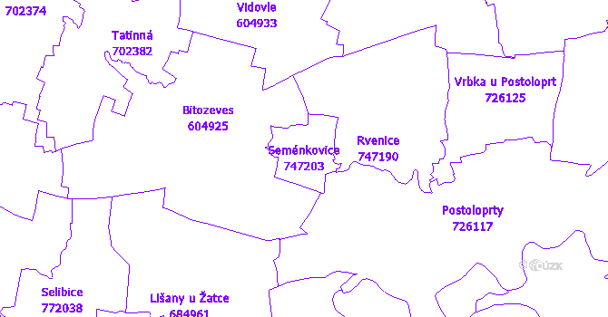 Katastrální mapa Seménkovice - přehledová mapa katastrálního území