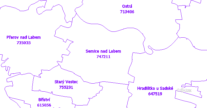Katastrální mapa Semice nad Labem - přehledová mapa katastrálního území