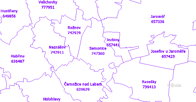 Katastrální mapa Semonice - přehledová mapa katastrálního území