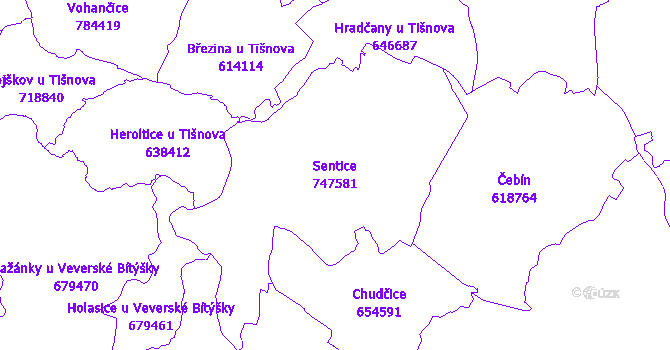 Katastrální mapa Sentice - přehledová mapa katastrálního území
