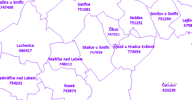 Katastrální mapa Skalice u Smiřic - přehledová mapa katastrálního území