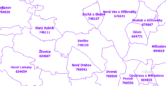 Katastrální mapa Vonšov - přehledová mapa katastrálního území