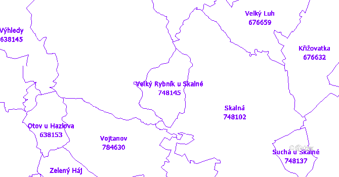 Katastrální mapa Velký Rybník u Skalné - přehledová mapa katastrálního území