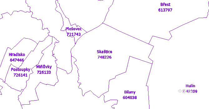 Katastrální mapa Skaštice - přehledová mapa katastrálního území
