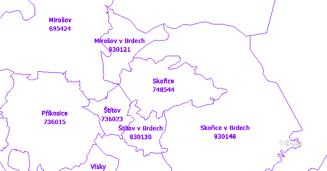 Katastrální mapa Skořice - přehledová mapa katastrálního území