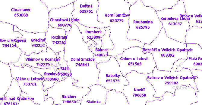 Katastrální mapa Bahna - přehledová mapa katastrálního území