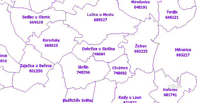 Katastrální mapa Dobrčice u Skršína - přehledová mapa katastrálního území