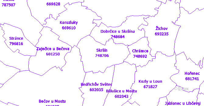 Katastrální mapa Skršín - přehledová mapa katastrálního území