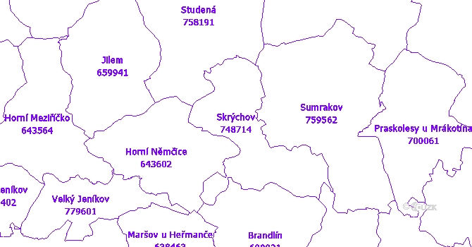 Katastrální mapa Skrýchov - přehledová mapa katastrálního území