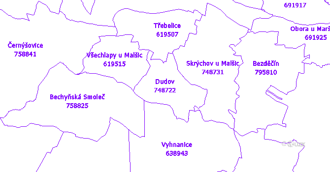 Katastrální mapa Dudov - přehledová mapa katastrálního území
