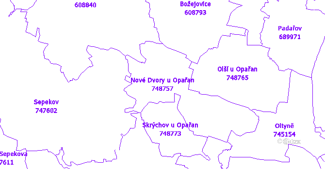 Katastrální mapa Nové Dvory u Opařan - přehledová mapa katastrálního území