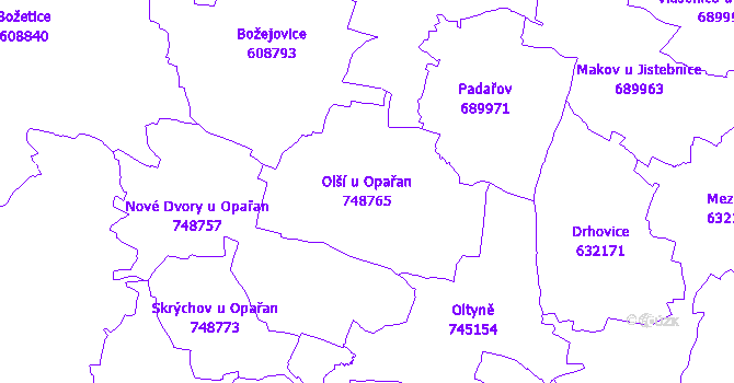 Katastrální mapa Olší u Opařan - přehledová mapa katastrálního území