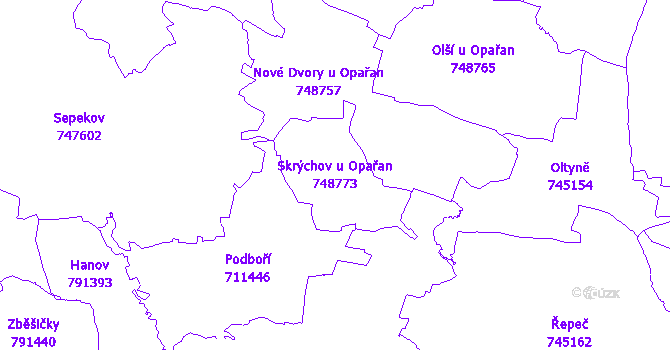 Katastrální mapa Skrýchov u Opařan - přehledová mapa katastrálního území