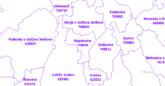 Katastrální mapa Stupárovice - přehledová mapa katastrálního území