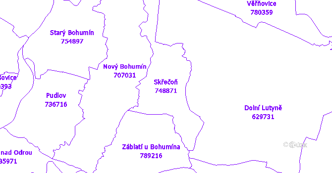 Katastrální mapa Skřečoň - přehledová mapa katastrálního území