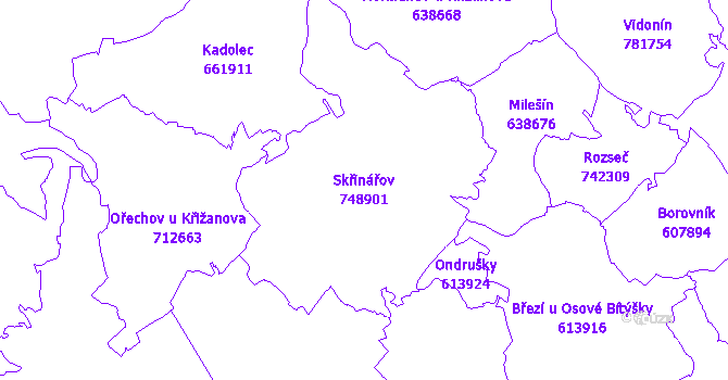 Katastrální mapa Skřinářov - přehledová mapa katastrálního území