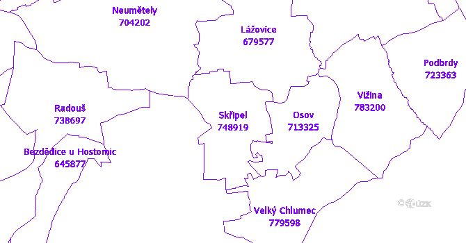 Katastrální mapa Skřipel - přehledová mapa katastrálního území