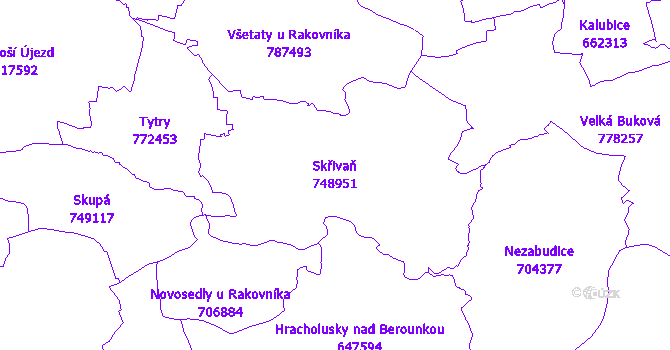 Katastrální mapa Skřivaň - přehledová mapa katastrálního území