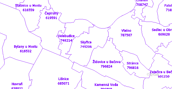 Katastrální mapa Skyřice - přehledová mapa katastrálního území