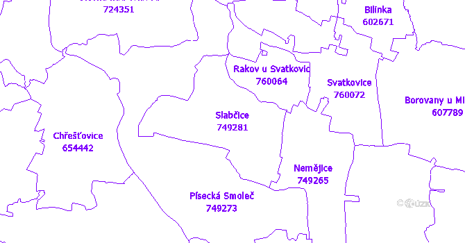 Katastrální mapa Slabčice - přehledová mapa katastrálního území