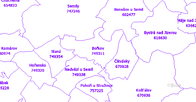 Katastrální mapa Bořkov - přehledová mapa katastrálního území