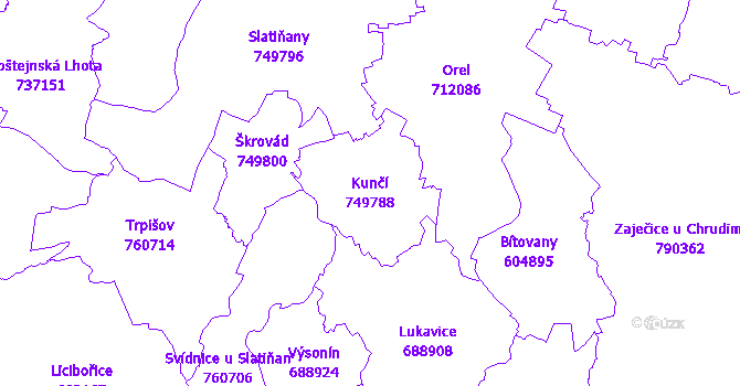 Katastrální mapa Kunčí - přehledová mapa katastrálního území