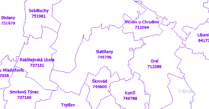 Katastrální mapa Slatiňany - přehledová mapa katastrálního území
