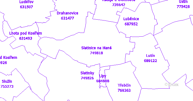 Katastrální mapa Slatinice na Hané - přehledová mapa katastrálního území