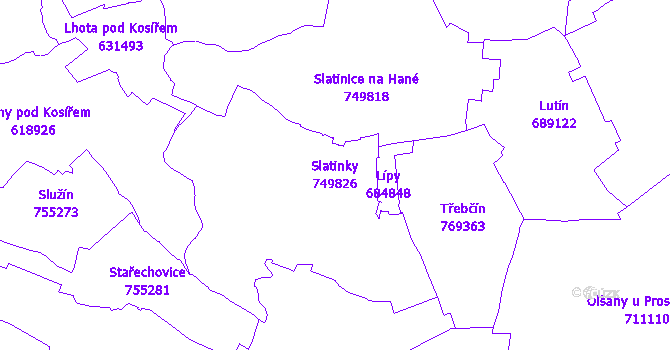 Katastrální mapa Slatinky - přehledová mapa katastrálního území