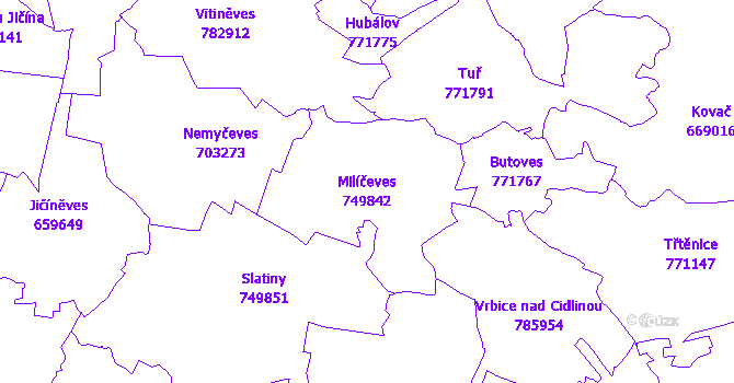 Katastrální mapa Milíčeves - přehledová mapa katastrálního území