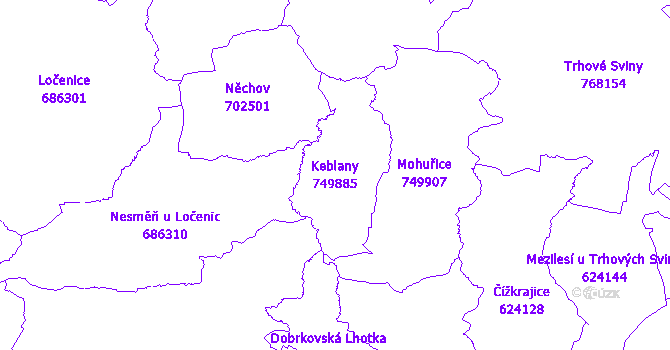 Katastrální mapa Keblany - přehledová mapa katastrálního území