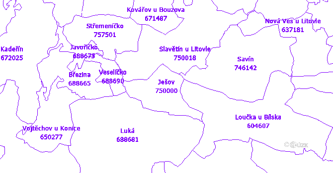 Katastrální mapa Ješov - přehledová mapa katastrálního území