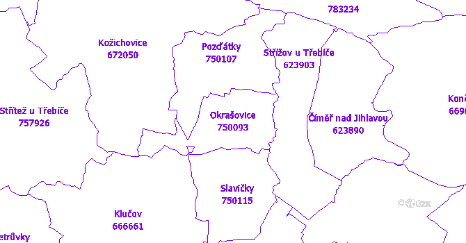 Katastrální mapa Okrašovice - přehledová mapa katastrálního území