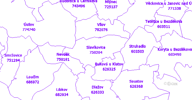 Katastrální mapa Slavíkovice - přehledová mapa katastrálního území