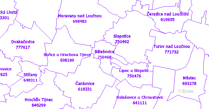 Katastrální mapa Bělešovice - přehledová mapa katastrálního území
