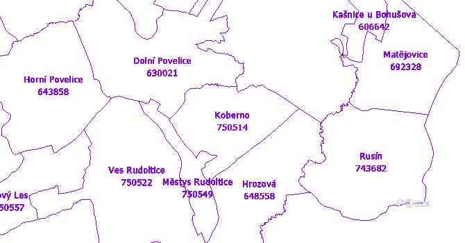Katastrální mapa Koberno - přehledová mapa katastrálního území