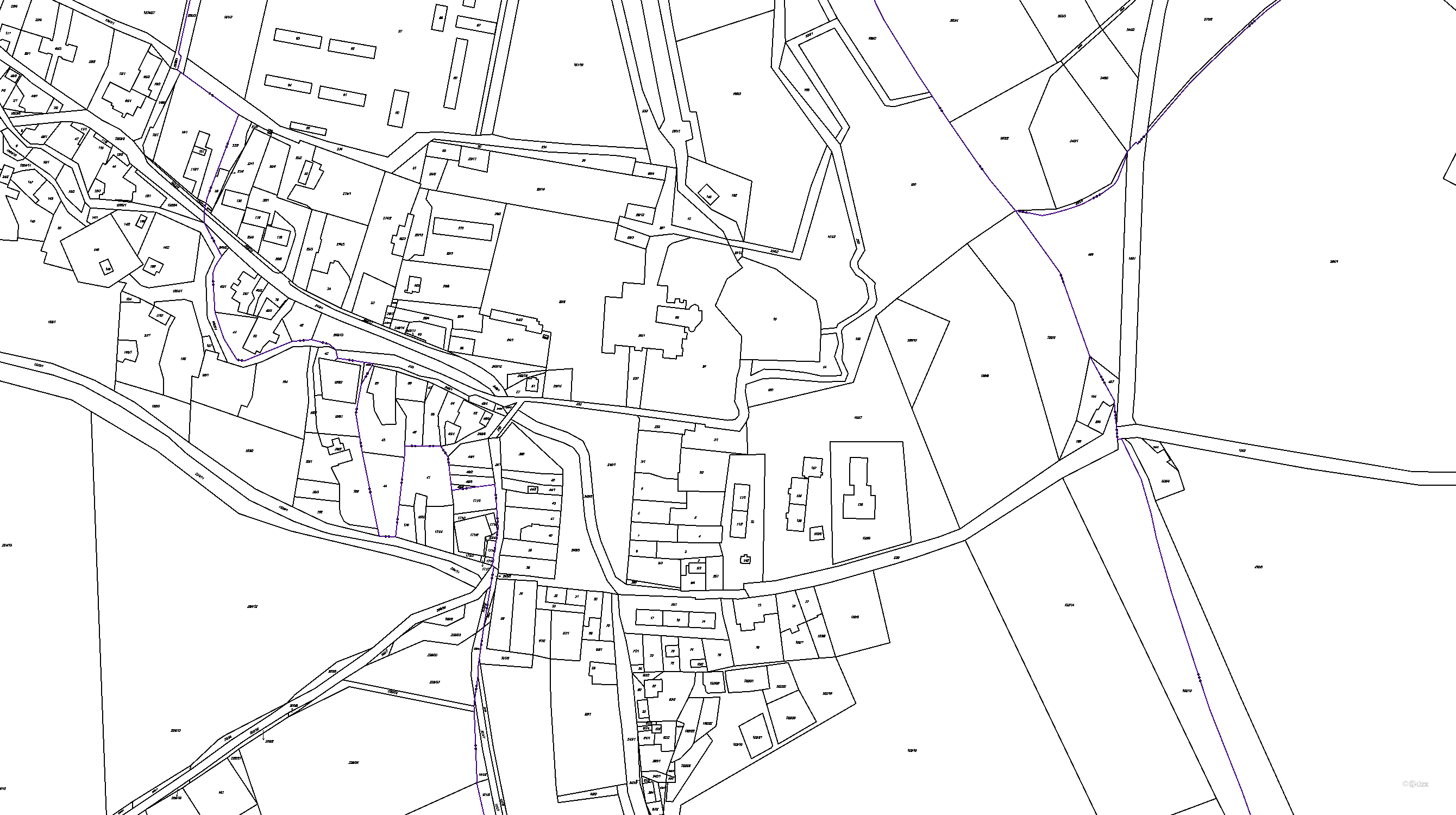 Katastrální mapa pozemků a čísla parcel Městys Rudoltice