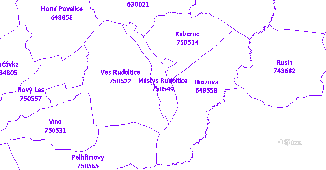 Katastrální mapa Městys Rudoltice - přehledová mapa katastrálního území