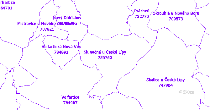 Katastrální mapa Slunečná u České Lípy - přehledová mapa katastrálního území