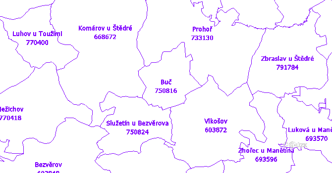 Katastrální mapa Buč - přehledová mapa katastrálního území