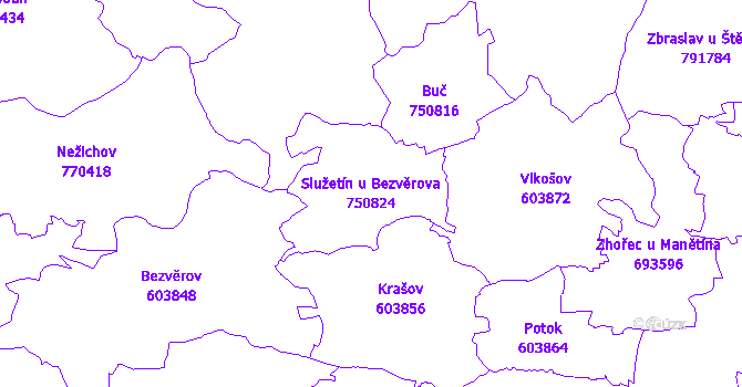 Katastrální mapa Služetín u Bezvěrova - přehledová mapa katastrálního území