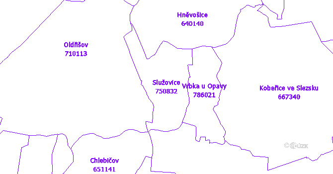 Katastrální mapa Služovice - přehledová mapa katastrálního území