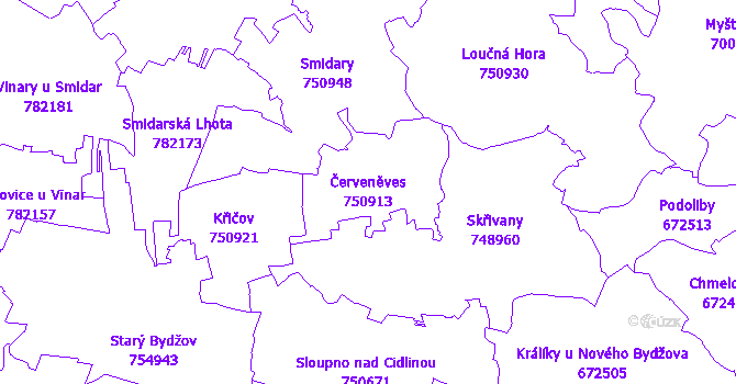 Katastrální mapa Červeněves - přehledová mapa katastrálního území